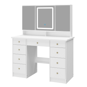 Homsee Vanity Desk Set with Large Three-Color Illuminated Mirror, 9 Drawer Makeup Table, and Storage Shelves for Bedroom (43.3" W x 19.7" D x 53.6" H), White
