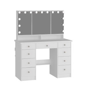 Homsee Vanity Desk Set with a Large Three-Color Illuminated Mirror, 9-Drawer Makeup Table, and Storage Shelves for Bedroom (43.3" W x 19.7" D x 53.9" H), White