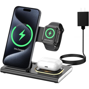 3 in 1 Foldable Charging Station for Apple Wireless Charger for iPhone 16 15 14 13 12 11 Series, Wireless Charging Station with Night Light for Apple Watch Charger