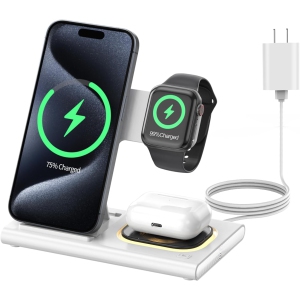 3 in 1 Foldable Charging Station for Apple Wireless Charger for iPhone 16 15 14 13 12 11 Series, Wireless Charging Station with Night Light for Apple Watch Charger