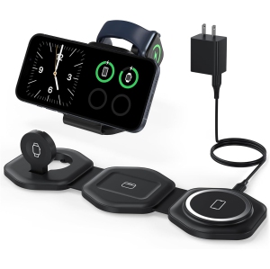 3 in 1 Wireless Charging Station for Apple MagSafe Charger, Foldable Magnetic Travel Charger for Multiple Devices iPhone 16 15 14 13 12 Series Apple Watch AirPods Pro Black