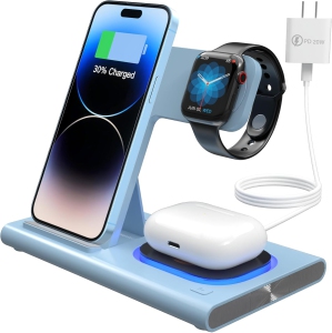 3 in 1 Wireless Charging Station for Apple Devices,Foldable Fast Wireless Charger Stand with Night Light for iPhone 15 14 13 12 11 Pro Max,for Apple Watch,for Airpods