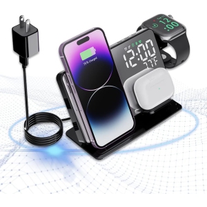 4-in-1 Wireless Charging Station for Apple Devices, 18W Fast Charge Wireless Charger Alarm Clock and Temperature Display, Wireless Charger Stand for iPhone 15 14 13 12