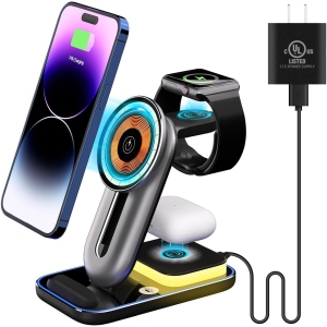 3 in 1 Magnetic Wireless Charging Station 15W Fast Charger with Adjustable Night Light for iPhone 16&15&14&13&12 Series/Pro/Pro Max/Mini, iWatch 7/6/SE/5/4/3/2,AirPods 3/2/Pro