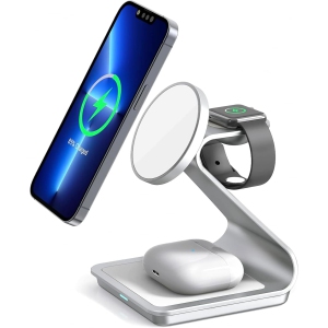 3 in 1 Wireless Charger for MagSafe, Aluminum Alloy Wireless Charging Station, Compatible with iPhone 14/13/12, Apple Watch, AirPods Pro/3/2(White)