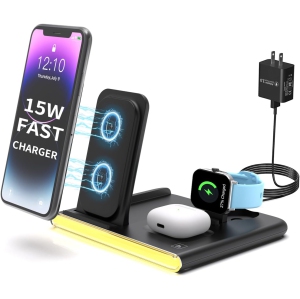 4 in 1 Wireless Charging Station for Apple iPhone 11 12 13 14 15, Galaxy S9 10 21 22 23, Apple Watch 2 3 4 5 6 7 SE, AirPods