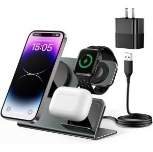 3 in 1 Aluminum Alloy Magnetic Wireless Charging Station Compatible with iPhone 16/15/14/13/12 Series, ESSAGER 15W Wireless Charger Office Bedroom Table for Airpods 4/3/2/Pro
