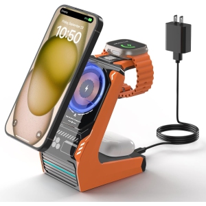 3 in 1 Wireless Charging Station for MagSafe: Magnetic Charge Stand for iPhone Apple 15 14 13 12 Pro/Pro Max/Plus/Mini- Fast Wireless Charger Dock (Orange)