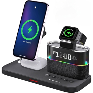 3-in-1 Charging Station, RGB Alarm Clock with Wireless Charging, Magnetic Wireless Charger Stand for iPhone 15/14/13/12, AirPods 3/2, Apple Watch S9