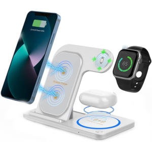 3 in 1 15W Fast Charging Station, Magnetic Foldable Wireless Charger Stand,Fast Charging Station for iPhone 15/14/13/12/Pro/Pro Max Apple Watch, AirPods, Foldable Travel Use(White)