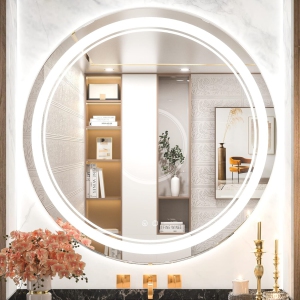 36 Inch Round Bathroom Mirror with Lights LED Vanity Mirror, Anti-Fog Dimmable 3 Colors Lights IP54 Waterproof Circle Makeup Wall Mounted Mirror