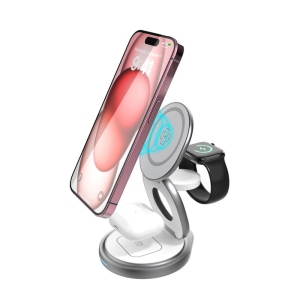 3 In 1 Magnetic Wireless Charger Stand for iPone 15 14 13 12 Airpods Pro iWatch 8 7 6 Metal Wireless Fast Charging Dock Station (grey)