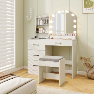 Costway Vanity Set with Mirror and Lights Dressing Table and Chair 4 Drawers 3 Open Shelves