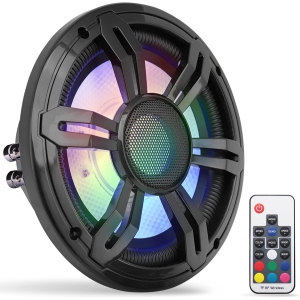 Pyle 8" Slim Waterproof Subwoofer - 300 Watts at Dual 4-Ohms Car Audio Powered Subwoofer with Multi-Color RGB Lights and Remote Control - PP Cone with Rubber Edge, PLRGSW84BK