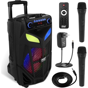 Pyle Portable Bluetooth PA Speaker System-600W 10” Indoor/Outdoor BT Speaker-Includes 2 Wireless Microphones, Party Lights, USB SD Card Reader, FM Radio, Rolling Wheels