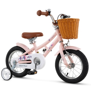 Costway 12 Inch Bicycle with Height Adjustable Handlebar & Seat Basket Bell Training Wheels Pink