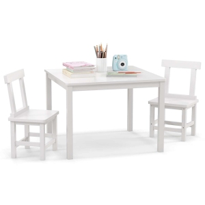 Costway Wooden Kids Table and 2 Chairs Set with Rubber Wood Legs Anti-slip Foot Pads