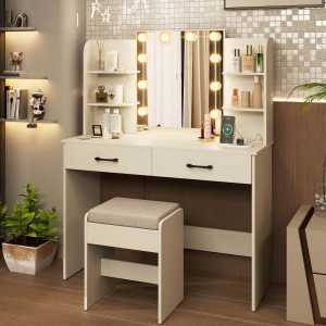 Costway Makeup Vanity Desk with Lighted Mirror Charging Station 3-Color Dimmable LED