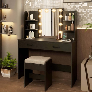Costway Makeup Vanity Desk with Lighted Mirror Charging Station 3-Color Dimmable LED