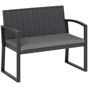Outsunny 2 Seater Wicker Outdoor Bench, 37.4" Rattan Garden Bench with Cushion, Outdoor Loveseat with Armrests, Galvanised Steel Frame for Patio, Porch, Backyard, Light Grey
