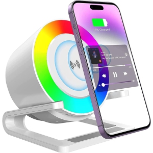 Cell Phone Wireless Charging with Bluetooth Speaker LED Colorful Night Light,Bedside Lamp with Phone Stand 15W Charger