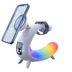 15W 6 in 1 Magnetic Wireless Fast Charger Bluetooth Speaker Alarm Clock RGB Light for Iphone 15/14/13/12/11 Airpods Apple IWatch