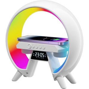Atmosphere LED Lamp Night Light Wireless Speaker, 15W Wireless Charger, Alarm Clock and Built-in Battery Ideal Gift for Birthday, Elegant Bedroom Deco