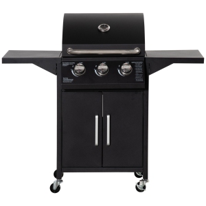 Outsunny 3 Burner Gas Grill, Outdoor Portable Propane Grill with Wheels, Carbon Steel Barbecue Trolley with Warming Rack, Side Shelves, Storage Cabinet, Thermometer, Black
