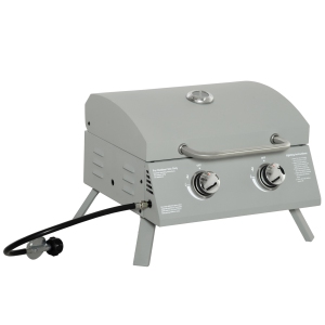 Outsunny 2 Burner Propane Gas Grill, Outdoor Portable Tabletop BBQ with Foldable Legs, 10000 Each Burner, Lid, for Camping, Picnic, Backyard, Silver