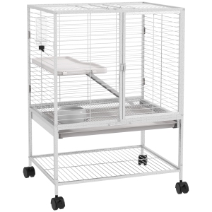 PawHut Guinea Pig Ferret Chinchilla Cage with Wheels, Pet Playpen for Rat, Kitten with Bottom Storage Shelf, Removable Tray, Ramp, 24" x 18" x 34", Light Grey