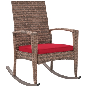 Outsunny Outdoor Rocking Chair with Removable Cushion, PE Wicker Patio Rocking Chair with Armrests, High Back Outdoor Rocker for Garden, Balcony, Porch, Poolside, Wine Red
