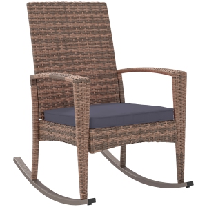 Outsunny Outdoor Rocking Chair with Removable Cushion, PE Wicker Patio Rocking Chair with Armrests, High Back Outdoor Rocker for Garden, Balcony, Porch, Poolside, Dark Blue