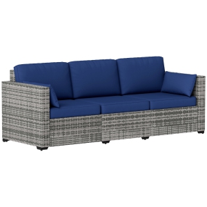 Outsunny Three-Seater Outdoor Sofa with Cushions, PE Rattan Conversation Patio Wicker Couch Furniture with Pillows for Garden, Poolside, Deck, Balcony, Backyard, Dark Blue