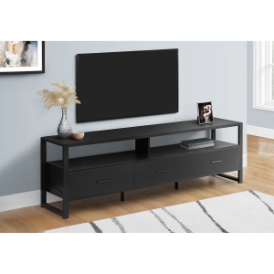 Monarch Specialties I 2845 - Tv Stand, 72 Inch, Media Entertainment Center, Storage Drawers, Black Laminate, Black Metal, Contemporary, Modern