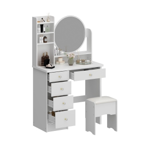 Homsee Vanity Desk Set with Large Lighted Mirror, Makeup Table with 5 Drawers, Storage Shelves & Cushioned Stool for Bedroom (31.5" W x 15.7" D x 53.1" H) , White