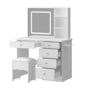 Famapy Vanity Table with LED Lighted Mirror, Storage Drawers, and Built-In Power Outlets, White Makeup Table with Stool (38.2" W x 18" D x 53.4" H),White
