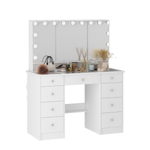 Homsee Vanity Desk Set with Three-Color led Mirror, 9 Drawers & Storage Shelves for Bedroom (43.3" W x 19.7" D x 53.6" H),White
