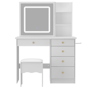 Homsee Vanity Desk Set with Sliding LED Mirror, 5 Drawers, Storage Shelves & Cushioned Stool for Bedroom (39.4" W x 18" D x 53.4" H),White