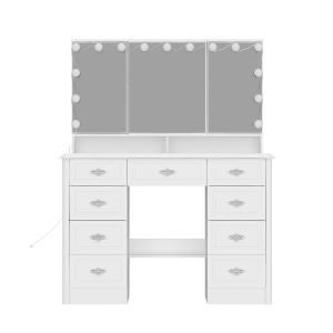 Homsee Vanity Table with led Mirror, 9 Drawers & Storage Shelves, Three-Color Illuminated Makeup Desk for Bedroom (43.3" W x 18.1" D x 54.1" H),White