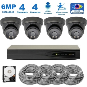 Full Color Night Vision 6MP Wired Audio Security Camera System, 4 Camera Surveillance Kit Outdoor DIY Audio 2TB HDD Included for Home Business Security Camera System