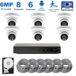 Full Color Night Vision 6MP Wired Audio Security Camera System, 6 Camera Surveillance Kit Outdoor DIY Audio 2TB HDD Included for Home Business Security Camera System