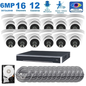 Full Color Night Vision 6MP Wired Audio Security Camera System, 12 Camera Surveillance Kit Outdoor DIY Audio 4TB HDD Included for Home Business Security Camera System