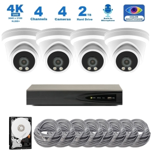 Full Color Night Vision 4K 8MP Wired Audio Security Camera System, 4 Camera Surveillance Kit Outdoor DIY Audio 2TB HDD Included for Home Business Security Camera System