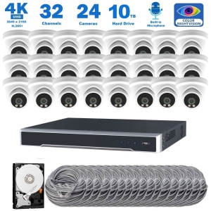 Full Color Night Vision 4K 8MP Wired Audio Security Camera System, 24 Camera Surveillance Kit Outdoor DIY Audio 10TB HDD Included for Home Business Security Camera System