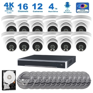 Full Color Night Vision 4K 8MP Wired Audio Security Camera System, 12 Camera Surveillance Kit Outdoor DIY Audio 4TB HDD Included for Home Business Security Camera System