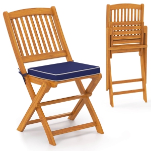 Costway Outdoor Folding Chairs Set of 2 Acacia Wood High-Back Chair with Seat Cushions