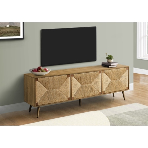 Monarch Specialties I 2793 - Tv Stand, 72 Inch, Media Entertainment Center, Storage Cabinet, Console, Walnut Laminate, Natural Seagrass, Mid Century, Modern