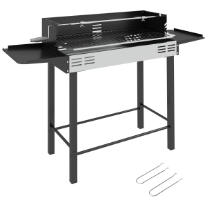 Outsunny Rotisserie Grill Roaster, Charcoal BBQ Split Roaster for Chicken or Turkey with 3-Level Grill Grate, Foldable Storage Shelves, and Wind Deflector, Stainless Steel, Black
