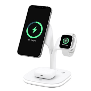 5-in-1 Magnetic Wireless Charging Stand with LED Bedside Lamp and QC Adapter. Compatible with iPhone/Apple Watch/Airpods(White)