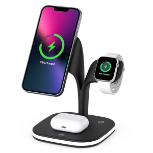 5-in-1 Magnetic Wireless Charging Stand with LED Bedside Lamp and QC Adapter - Compatible with iPhone/Apple Watch/Airpods - Black